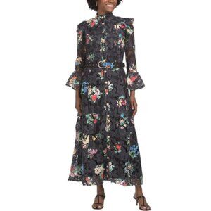 DALIA MACPHEE Long Sleeve Floral Lace Maxi Dress With Belt